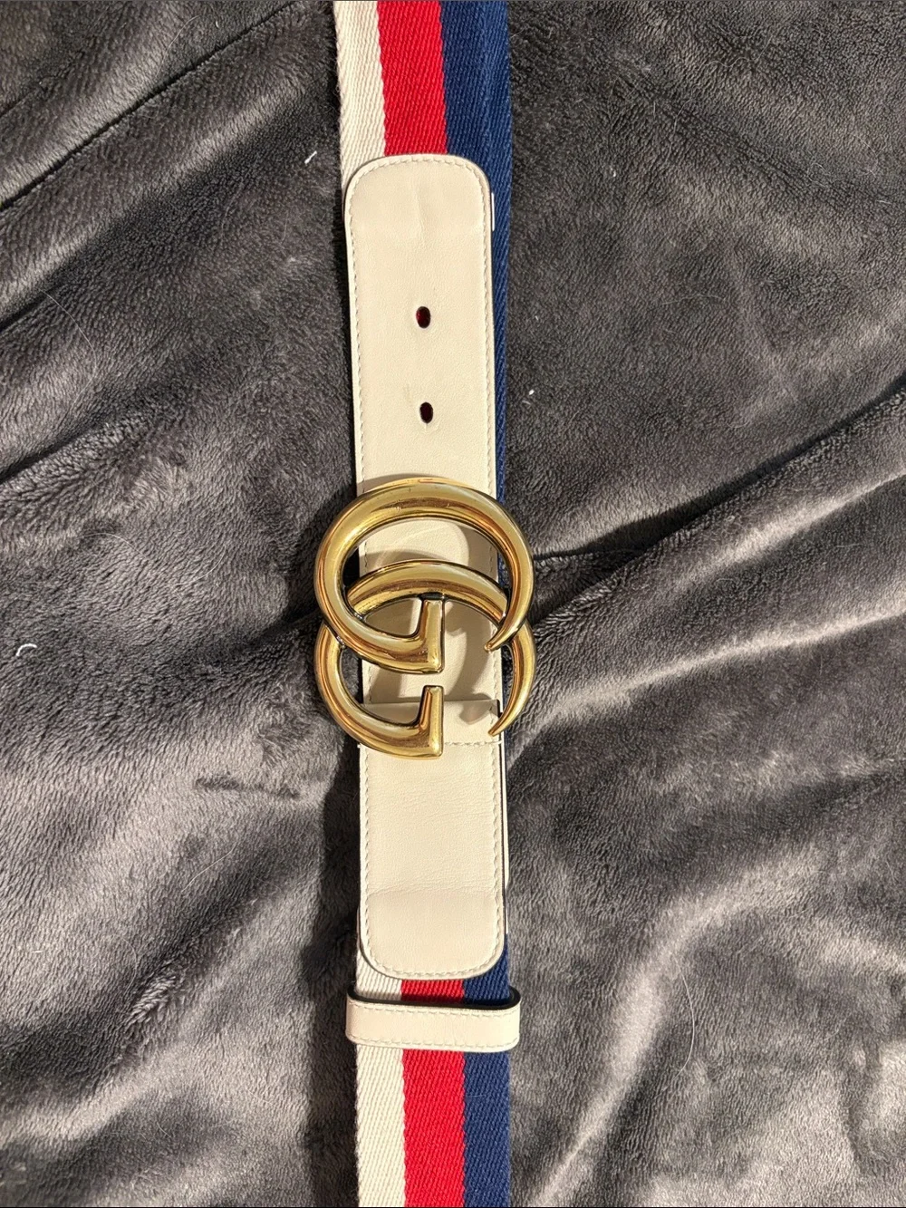 Authentic Gucci Sylvie Web Double G 40mm Belt in Mystic White Leather